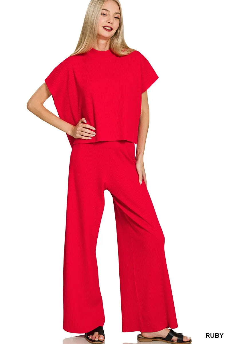 Zenana Viscose Sweater Short Sleeve Top and Pants Set in RUBY - photo