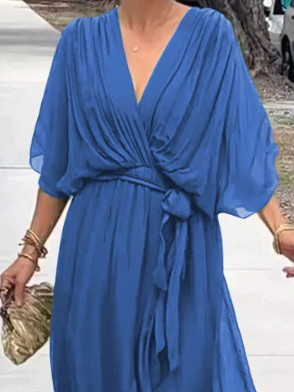 Flowy Tie Front Midi Dress with Flutter Sleeves in - photo