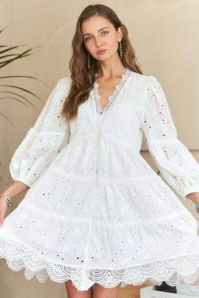 ADORA Lace Detail Tiered Eyelet V-Neck Babydoll Dress - SwagglyLife Home & Fashion