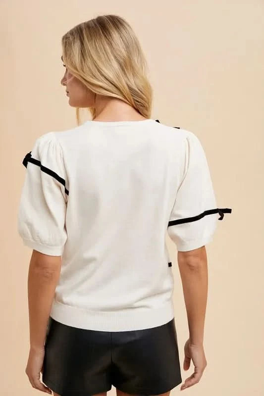 Annie Wear Striped Bow Round Neck Knit Top in - photo