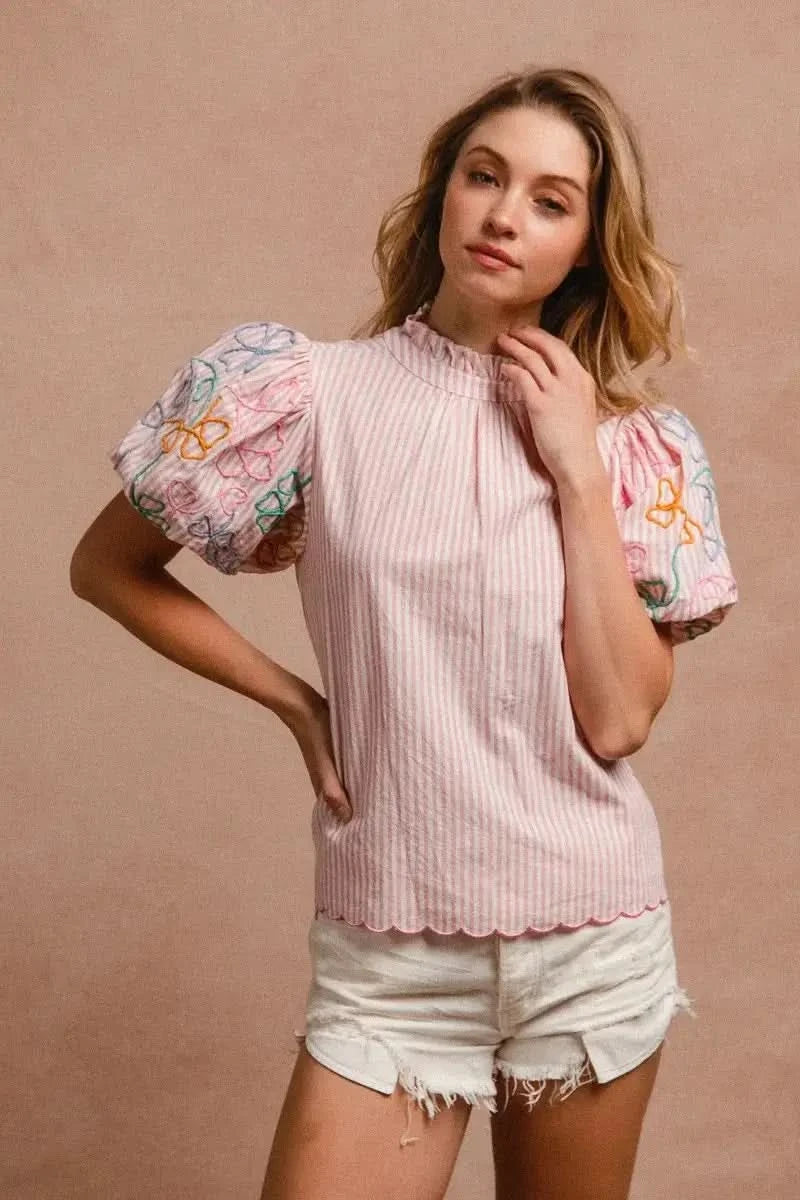 BiBi Embroidery Bubble Sleeve Top With Bottom Scallop Detail in - photo
