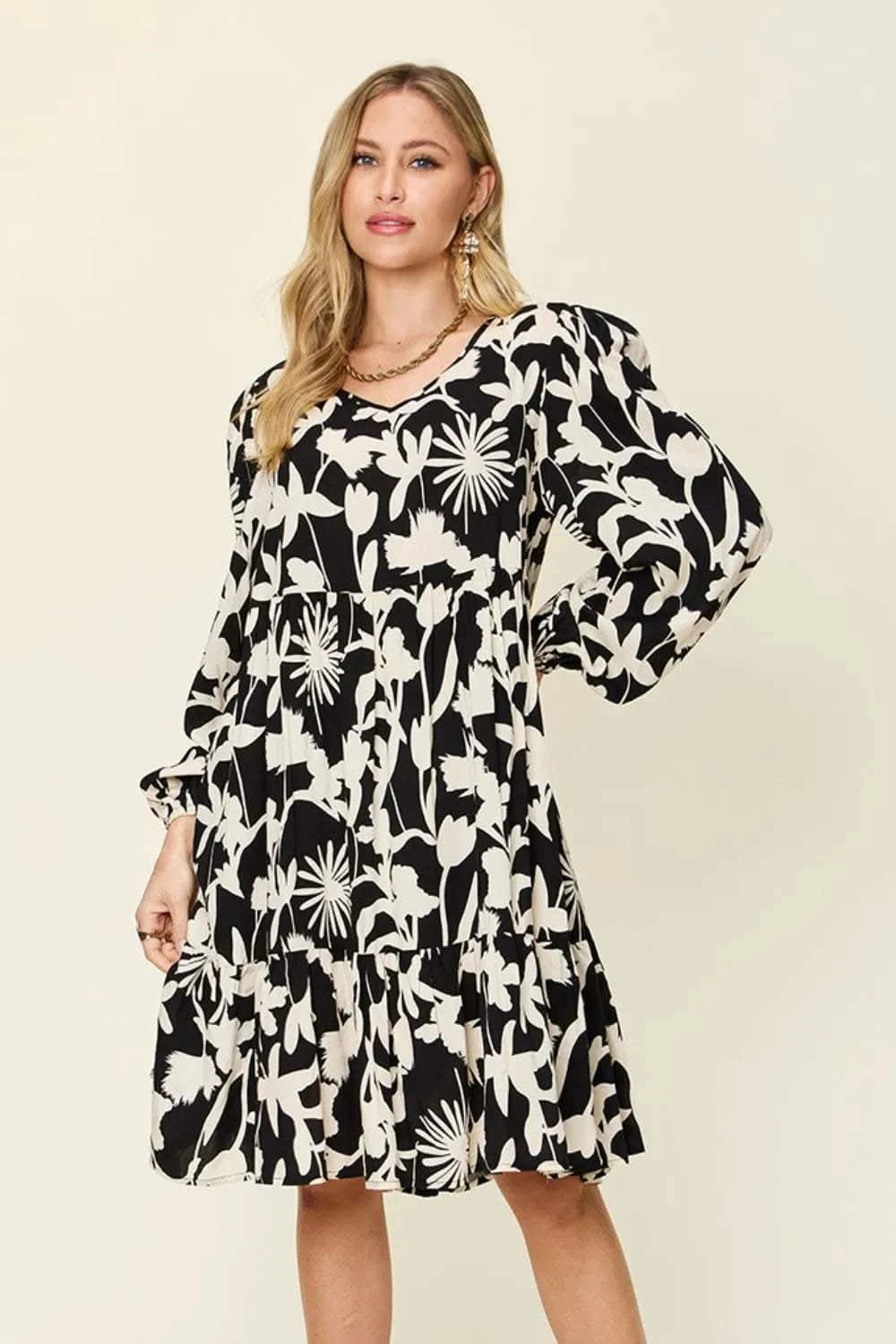 Double Take Full Size Printed Ruffle Hem Dress with Pocket in - photo