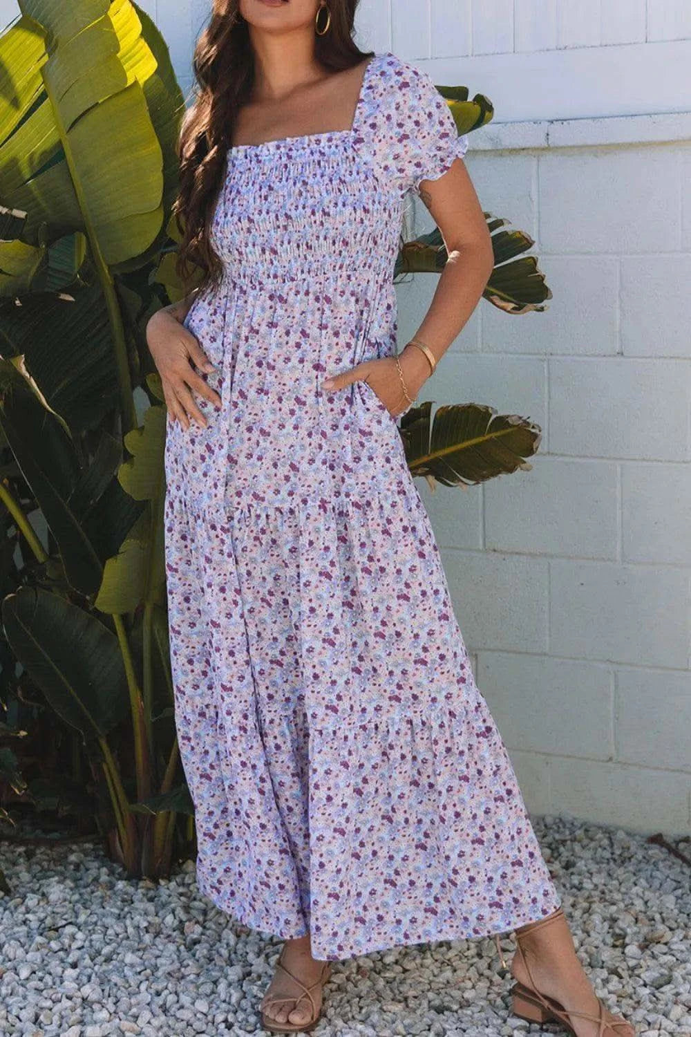 Tiered Floral Shirred High Waist Maxi Dress in - photo