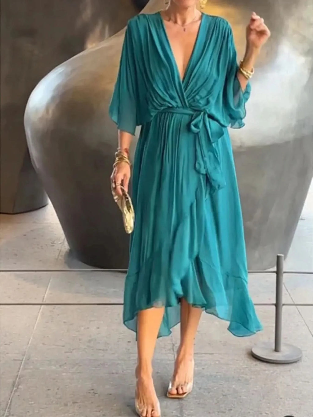 Flowy Tie Front Midi Dress with Flutter Sleeves in - photo