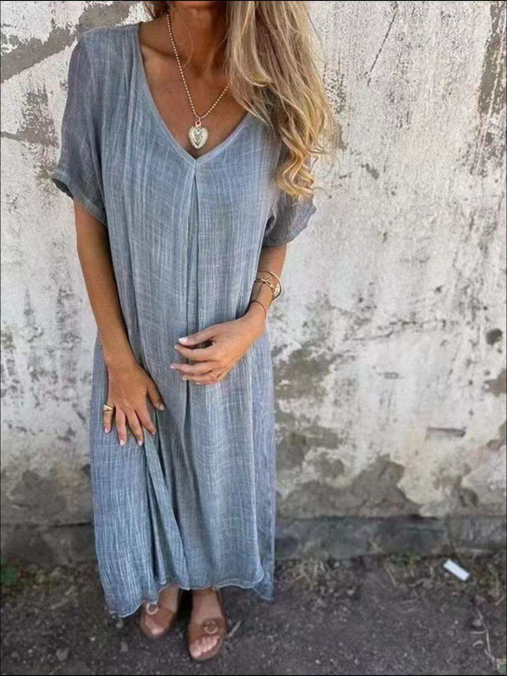 Full Size V-Neck Short Sleeve Midi Dress Plus Size in Dusty Blue - dresses photo