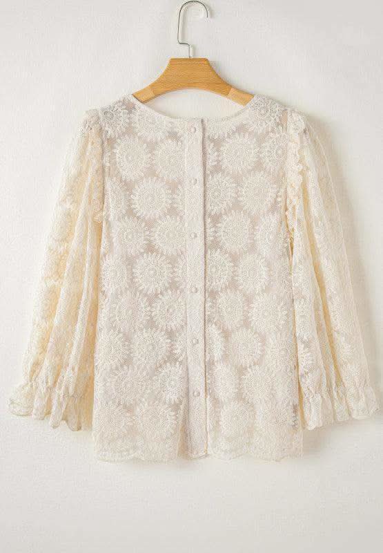 Flower Jacquard Flounce Sleeve Blouse - SwagglyLife Home & Fashion