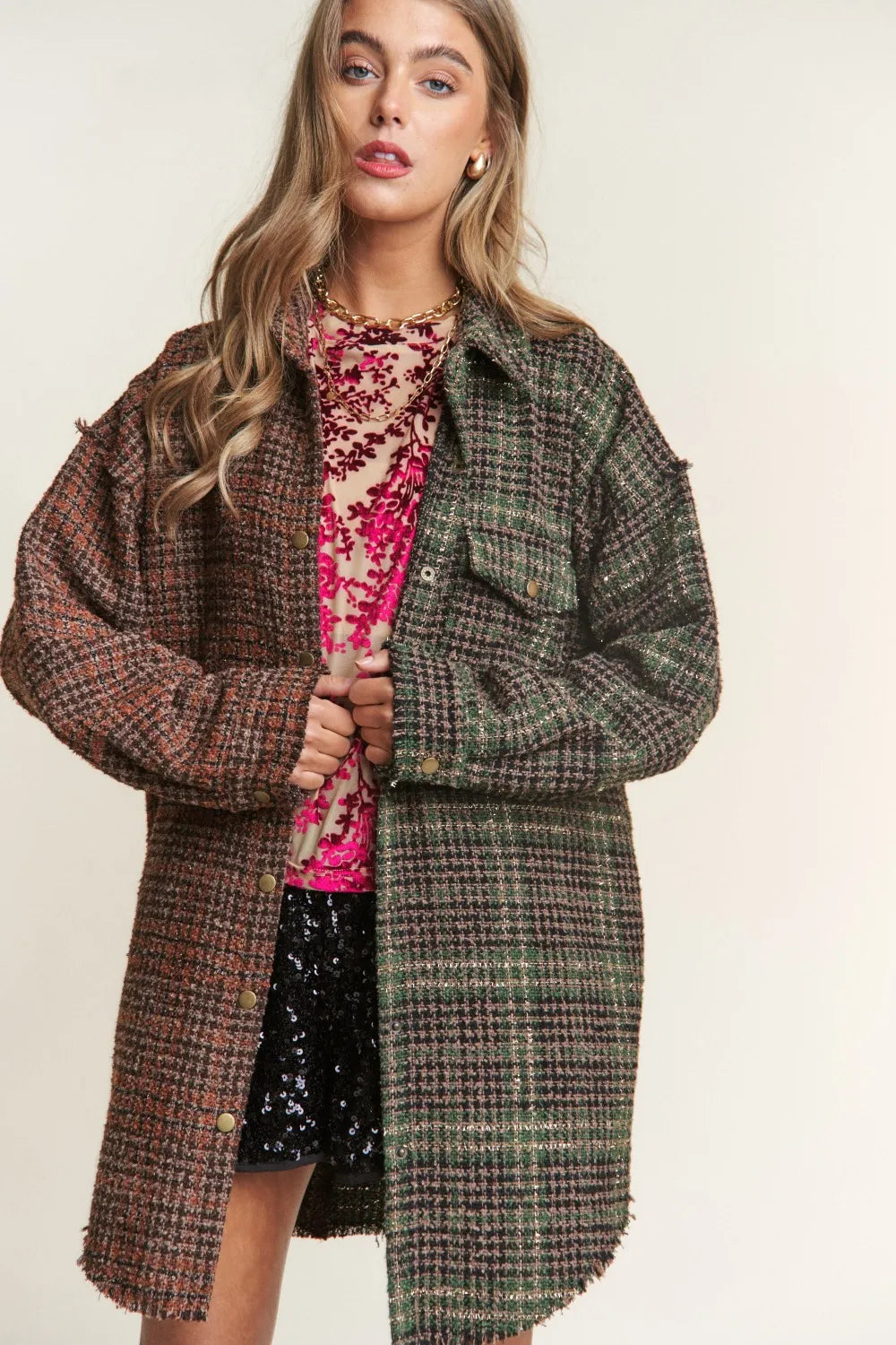 J.NNA Snap Down Tweed Plaid Contrast Longline Shacket in - photo