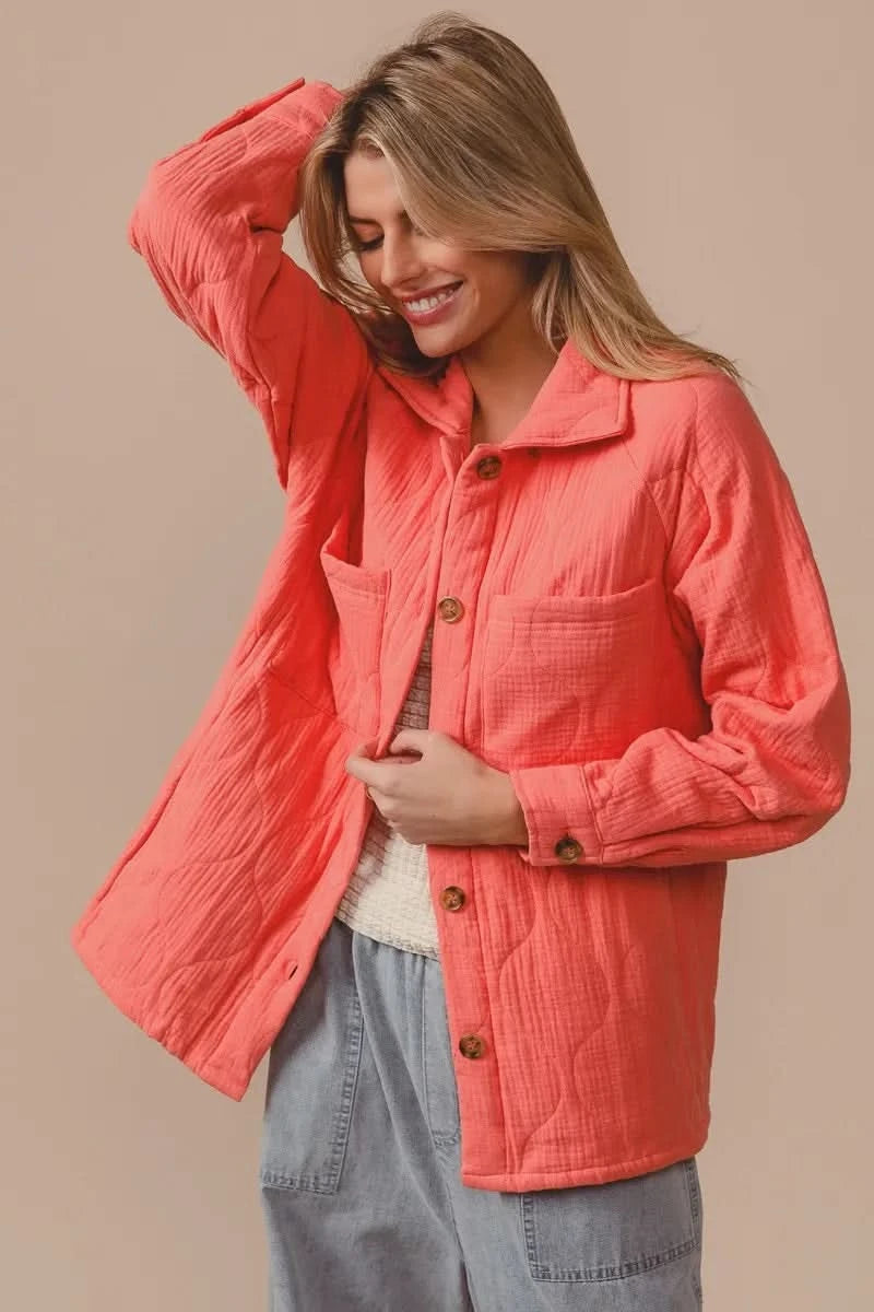 BiBi Quilted Wrinkle Gauze Long Sleeve Shacket in - photo