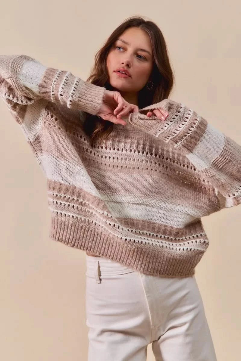 SO ME Variegated Stripe Textured Loose Fit Sweater in - photo