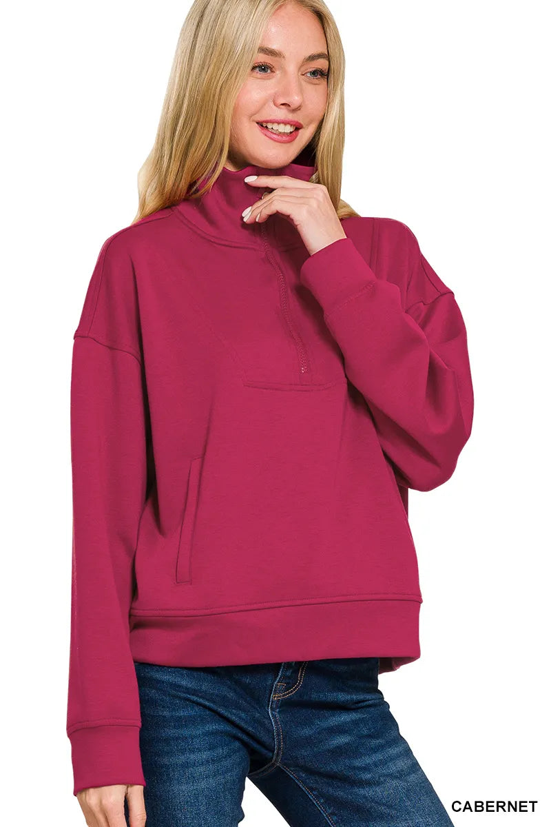 Zenana Scuba Half Zip Sweatshirt with Pockets - SwagglyLife Home & Fashion
