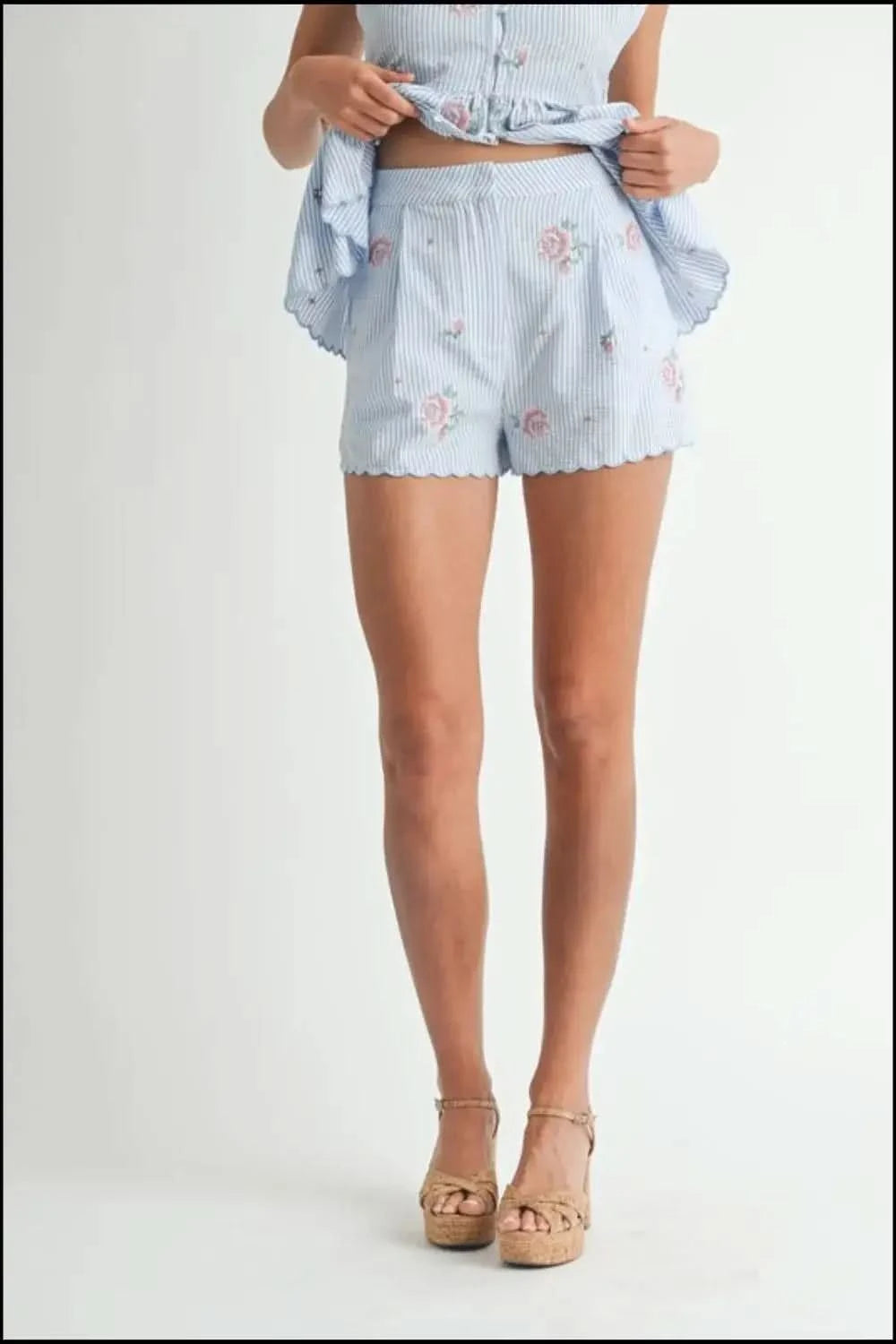 MABLE Stripe Embroidered Peplum Cami and Shorts Set in - photo