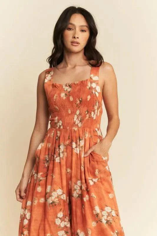 Davi & Dani Floral Ruffle Square Neck Smocking Bodice Jumpsuit - SwagglyLife Home & Fashion