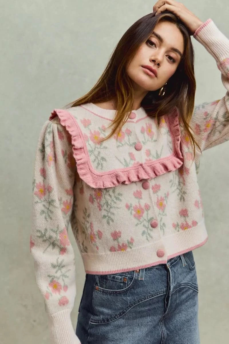 SO ME Flower With Ruffle Detailing Sweater Cardigan in - photo