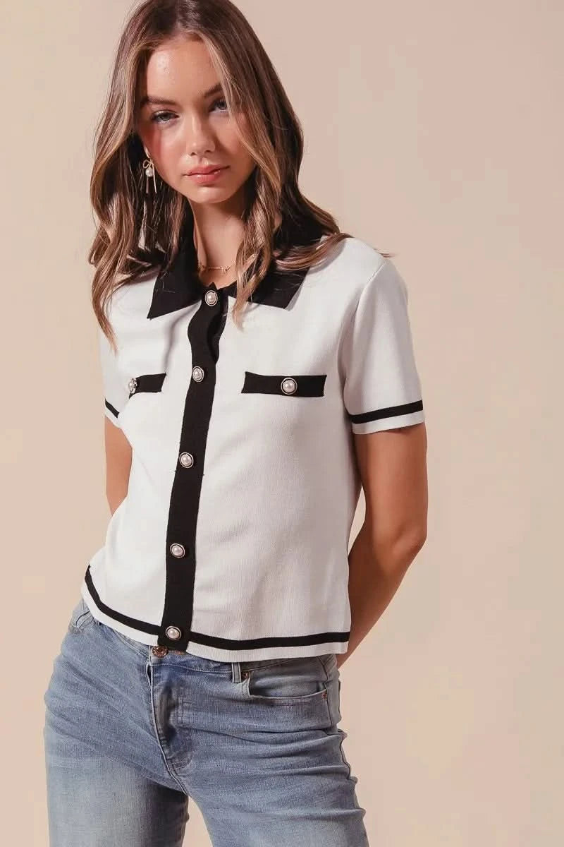 SO ME Button Down Knitted Sweater Shirt Top in - photo