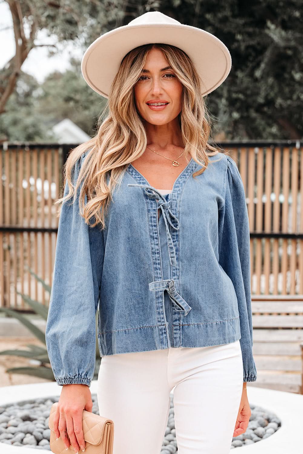 Oakley Tied Front Long Puff Sleeve Denim Top in Dusk Blue - Tops/Blouses & Shirts photo
