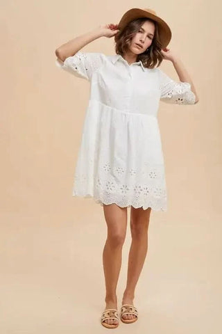 Annie Wear Embroidered Scallop Edge Detail Mini Shirt Dress - SwagglyLife Home & Fashion Annie Wear Embroidered Scallop Edge Detail Mini Shirt Dress - SwagglyLife Home & Fashion