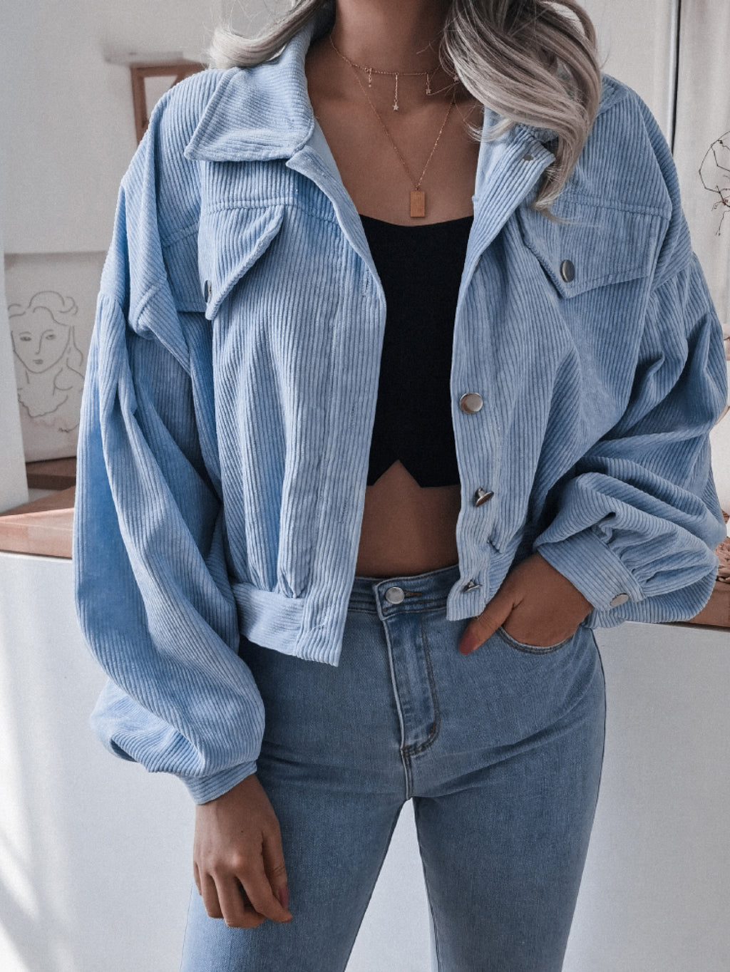Lantern Sleeve Cropped Corduroy Jacket in Blue - photo