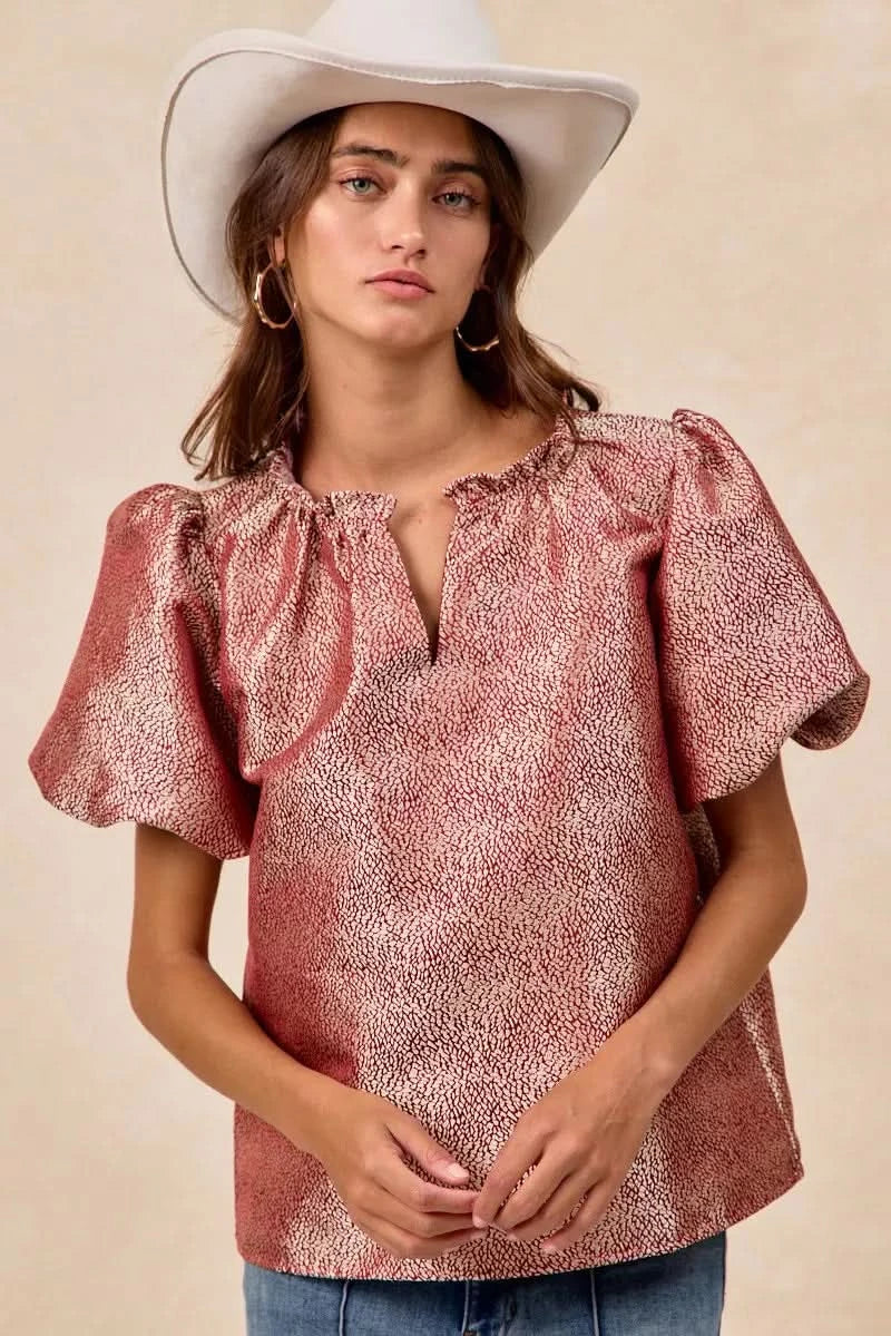 BiBi Jacquard Woven Short Balloon Sleeves V Neck Top in - photo
