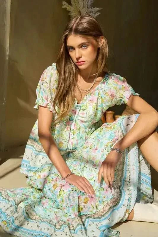 Davi & Dani Spring Floral Border Print Ruffled Textured Top - SwagglyLife Home & Fashion