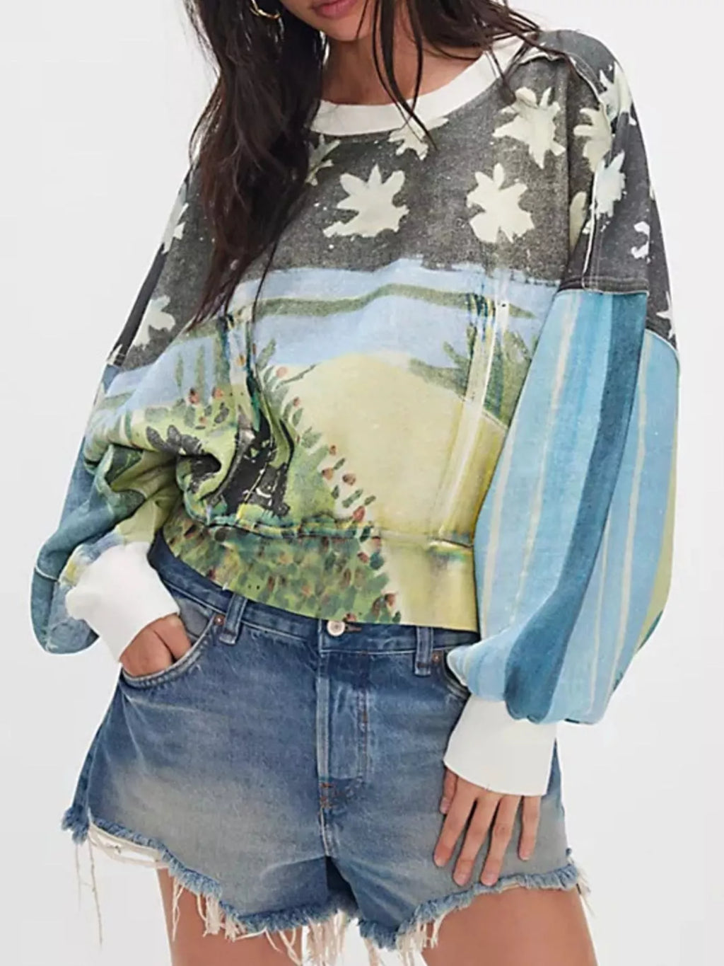 Printed Round Neck Dropped Shoulder Sweatshirt in Blue - photo