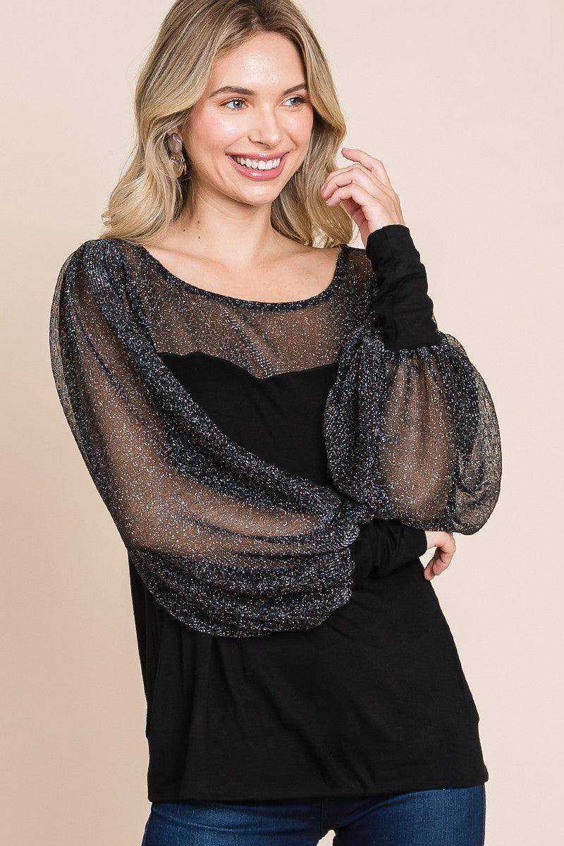 Super Lady Full Size Metallic Mesh Lantern Sleeve Blouse in - photo