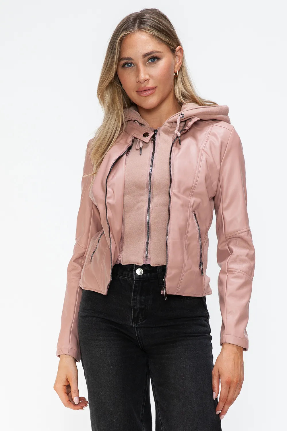 Snobbish Faux Leather Zip Up Drawstring Hooded Jacket in Mauve - photo