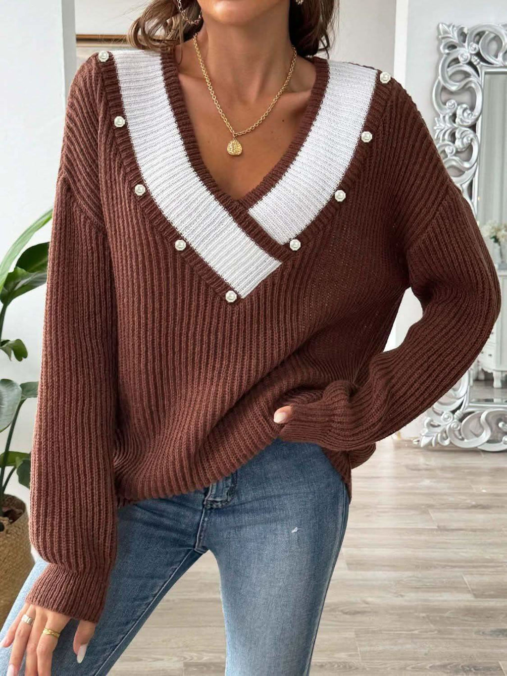 Contrast Trim Dropped Shoulder Long Sleeve Sweater in - photo