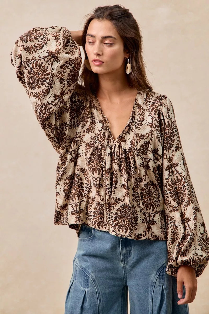 BiBi Printed Woven Front Tied Blouse with Baloon Sleeve in - photo