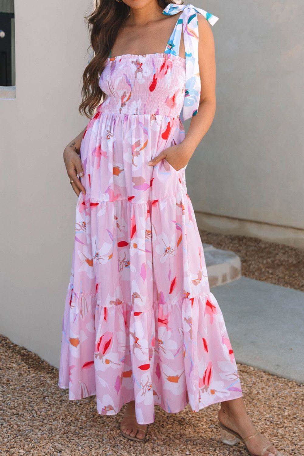 Floral Print Knotted Shoulder Smocked Maxi Dress in - Dresses photo