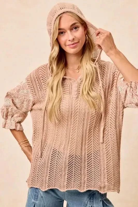 BiBi Jacquard Flower Puff Sleeve Hooded Knit Top - SwagglyLife Home & Fashion