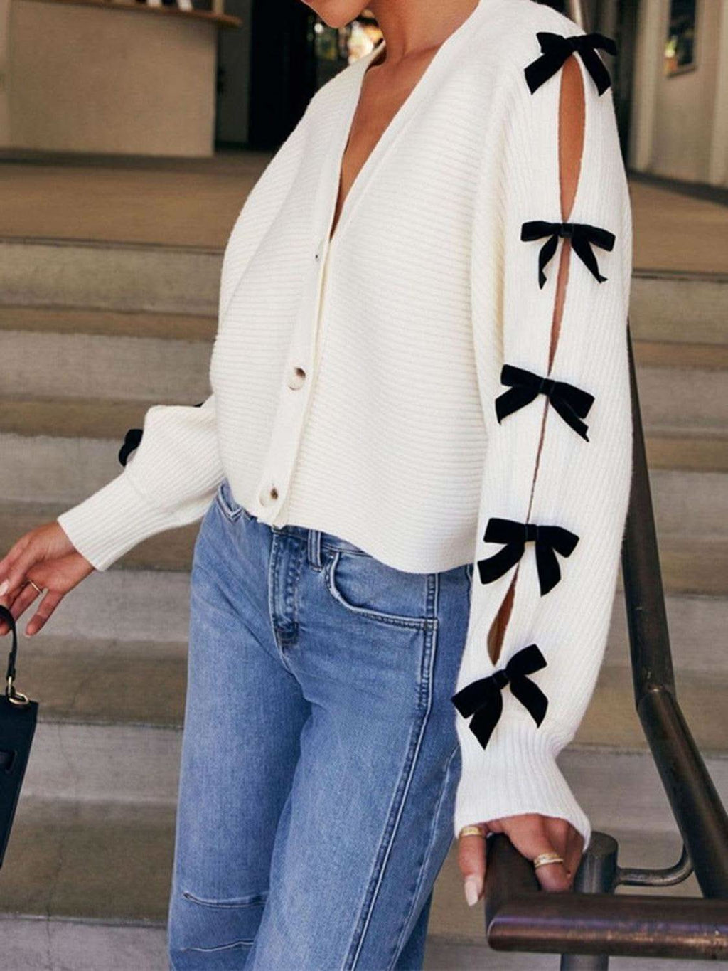 Bow V-Neck Cutout Sleeve Cardigan in - Sweaters photo