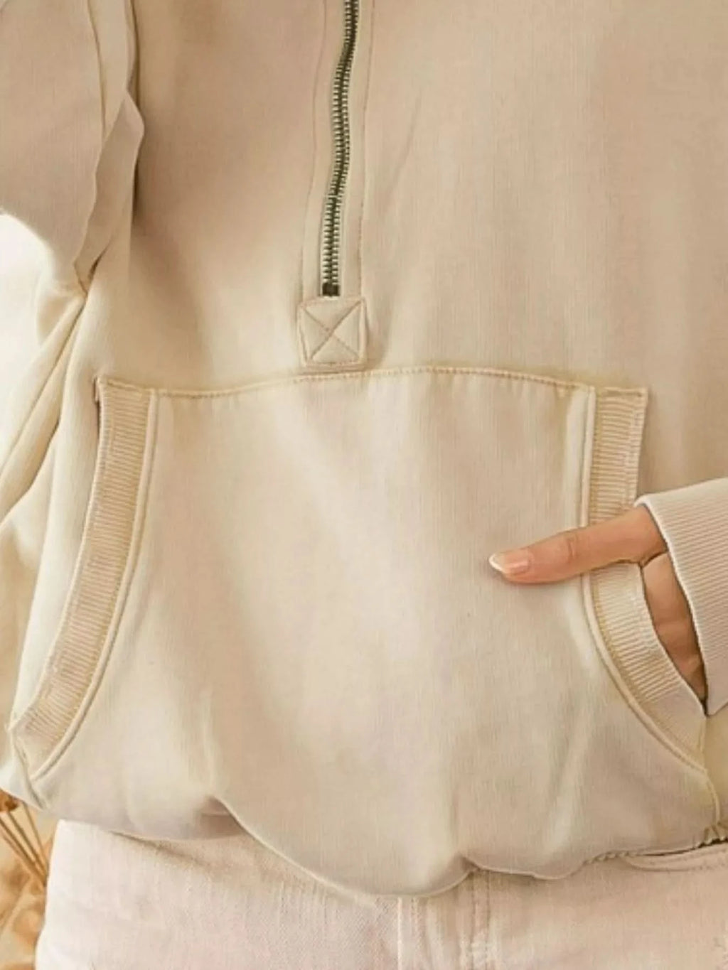 BiBi Stitch Detailed Elastic Hem Half Zip Fleece Hoodie in - photo