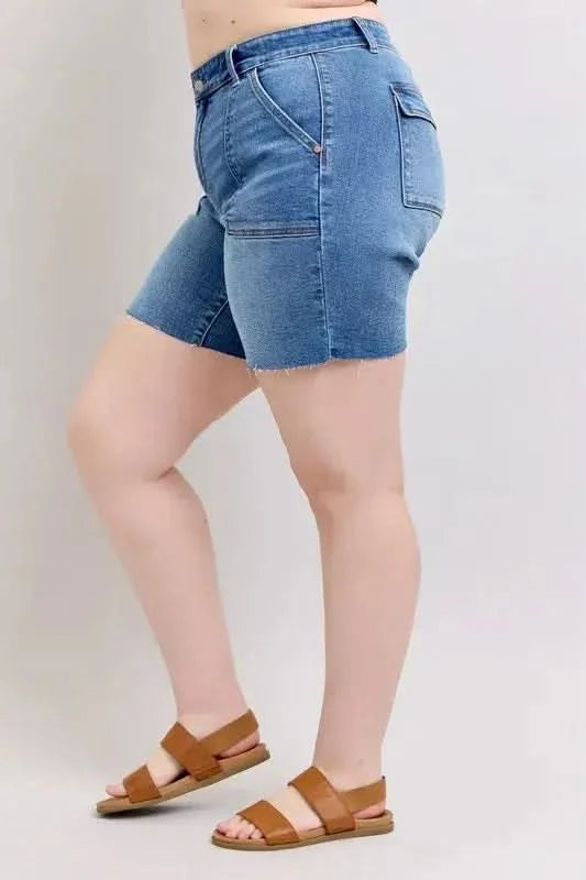 Judy Blue Full Size Mid Rise Bermudas Denim Shorts W/ Back Flap Pockets Plus Size in - photo