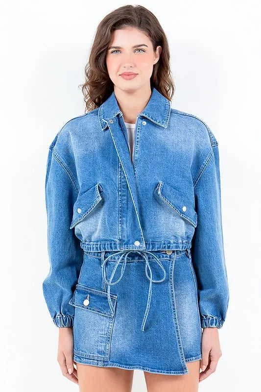American Bazi Full Size Drop Shoulder Cropped Denim Jacket with Waist Strap Plus Size in Blue - photo