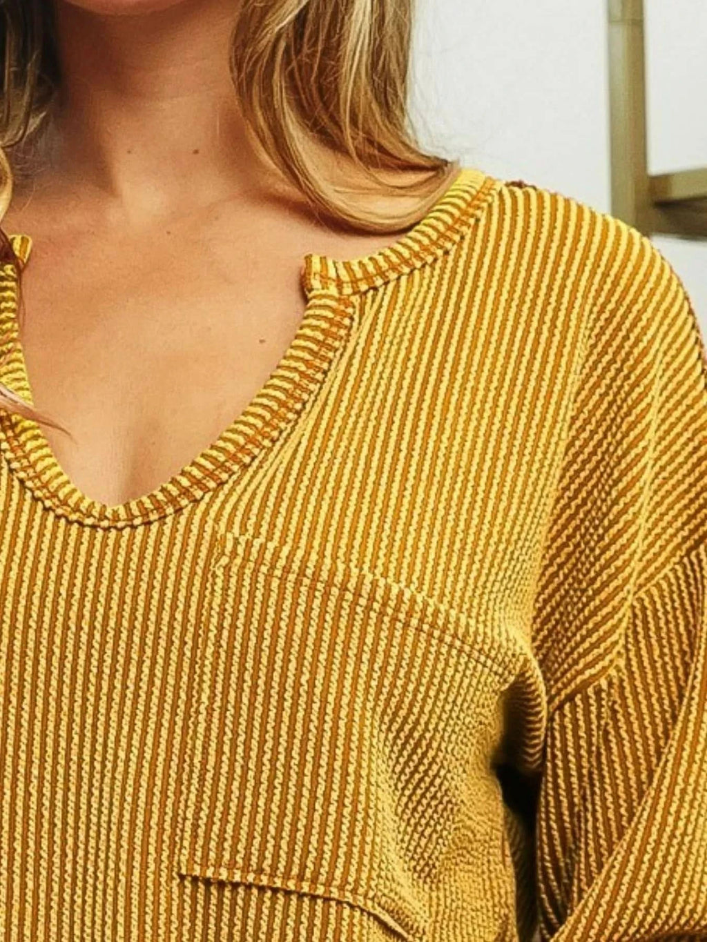BiBi Wavy Two Tone Rib Notch Neck Patch Pocket Top in - photo