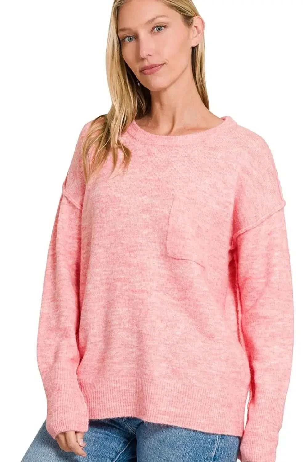 Zenana Melange Hi-low Hem Round Neck Sweater - SwagglyLife Home & Fashion