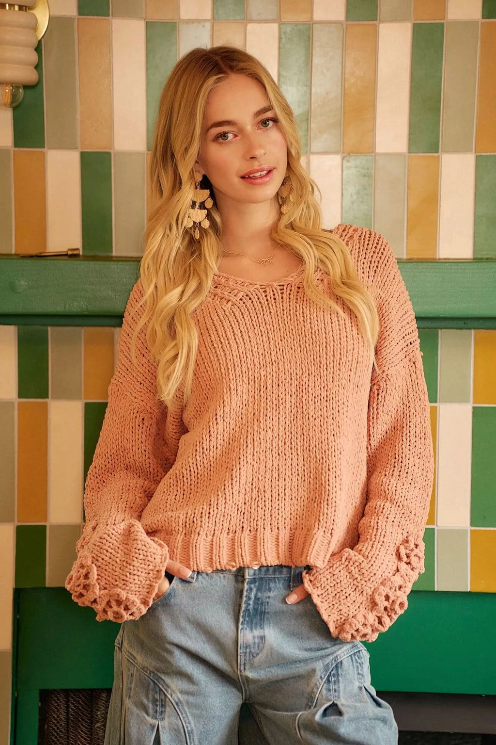 BiBi Chunky Knit Sweater with Flower Detail Sleeves in - photo