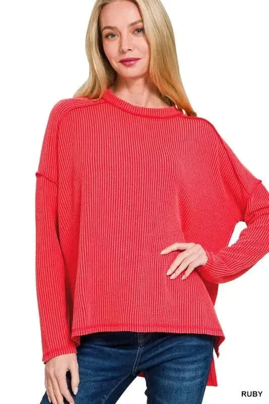Zenana Full Size Exposed Seam Long Sleeve Corded Rib Knit Top Plus Size in RUBY - photo