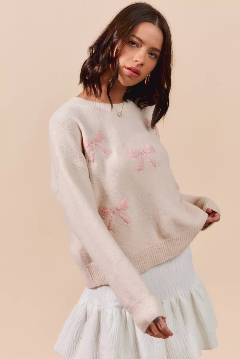 SO ME Embroidered Ribbon Round Neck Sweater - SwagglyLife Home & Fashion
