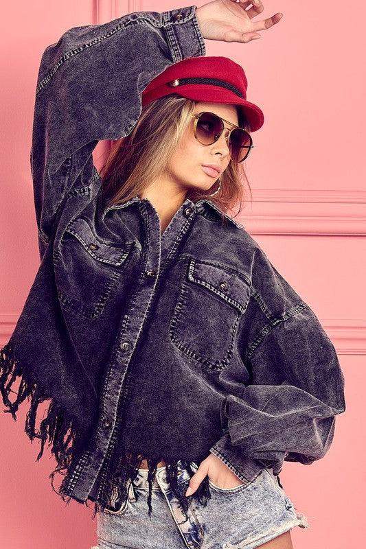 BiBi Fringe Hem Washed Corduroy Button Down Shacket in - Jackets photo