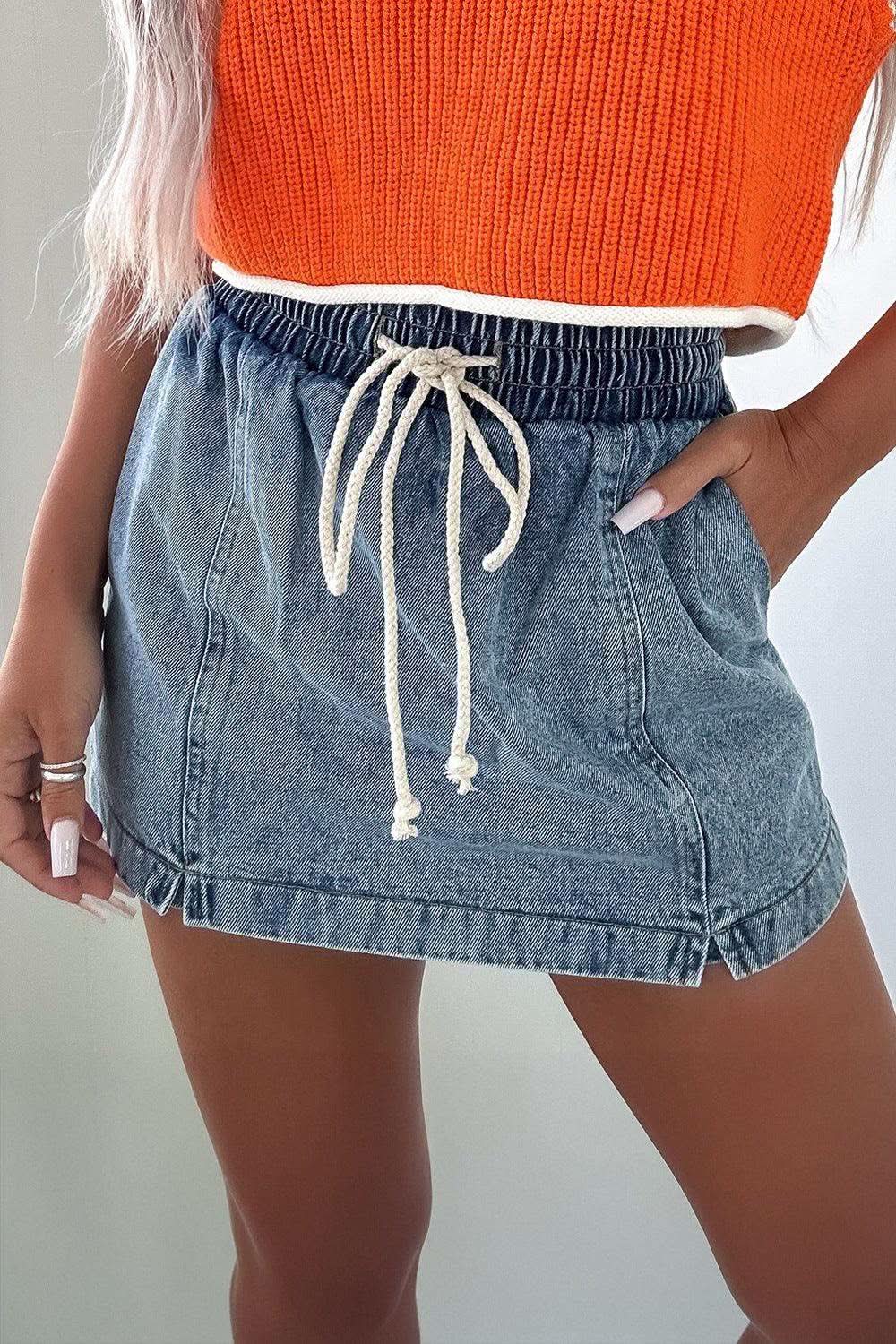 Drawstring High Waist Pocketed Denim Shorts - SwagglyLife Home & Fashion