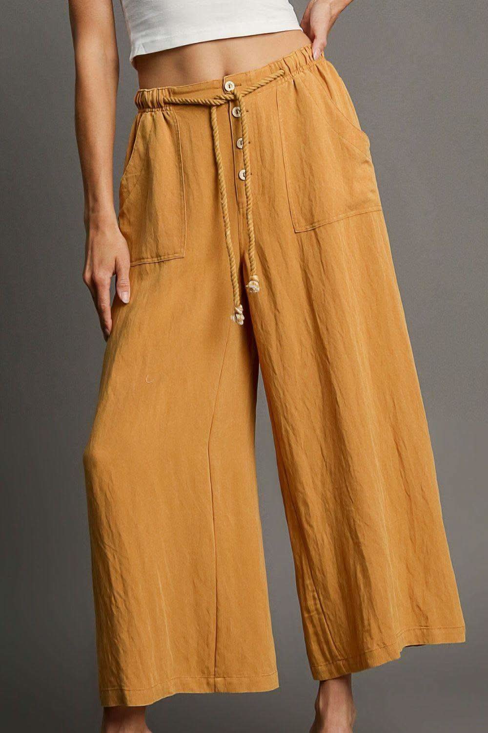 Umgee Full Size Rope Drawstring Wide Leg Pants Plus Size in Mustard - photo