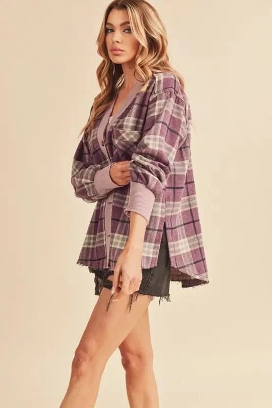 Aemi + Co Side Slit Patch Pocket Plaid Button Down Jacket in - photo
