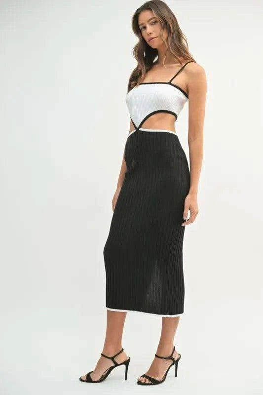 MABLE Ribbed Knit Color Block Cutout Midi Dress in - photo