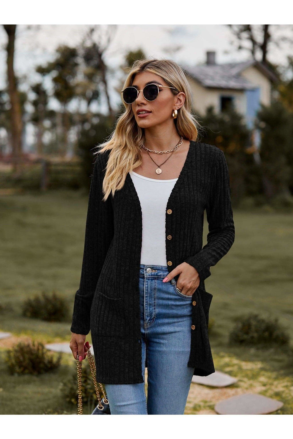 Dana Ribbed Button-UP Cardigan with Pockets - SwagglyLife Home & Fashion