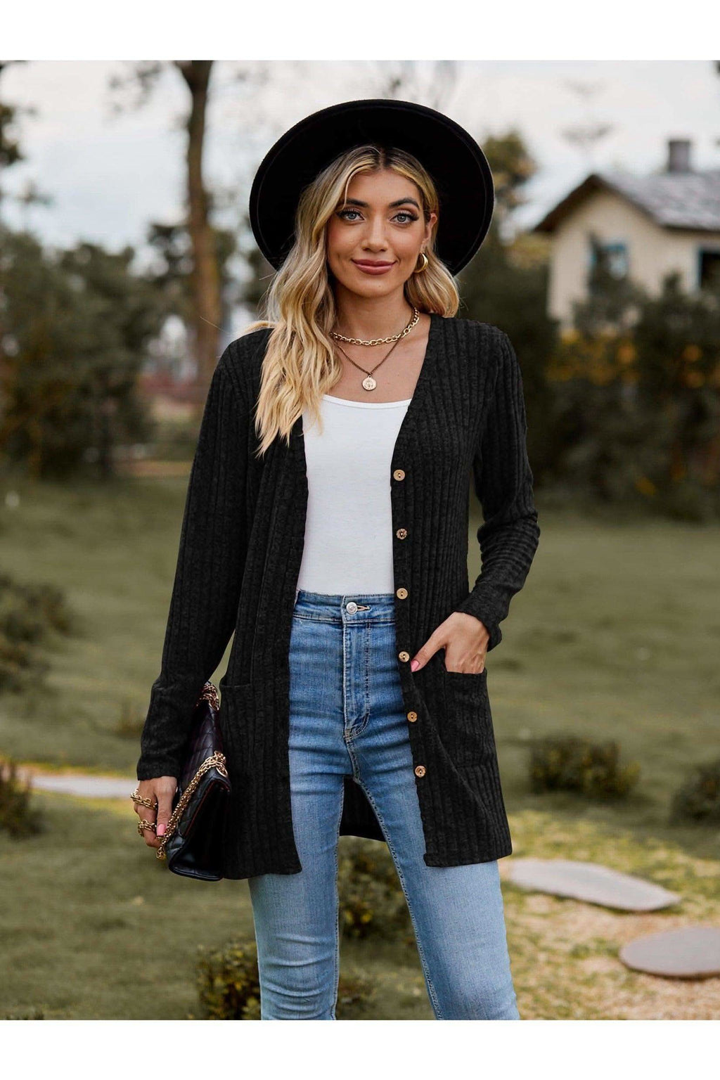 Dana Ribbed Button-UP Cardigan with Pockets - SwagglyLife Home & Fashion