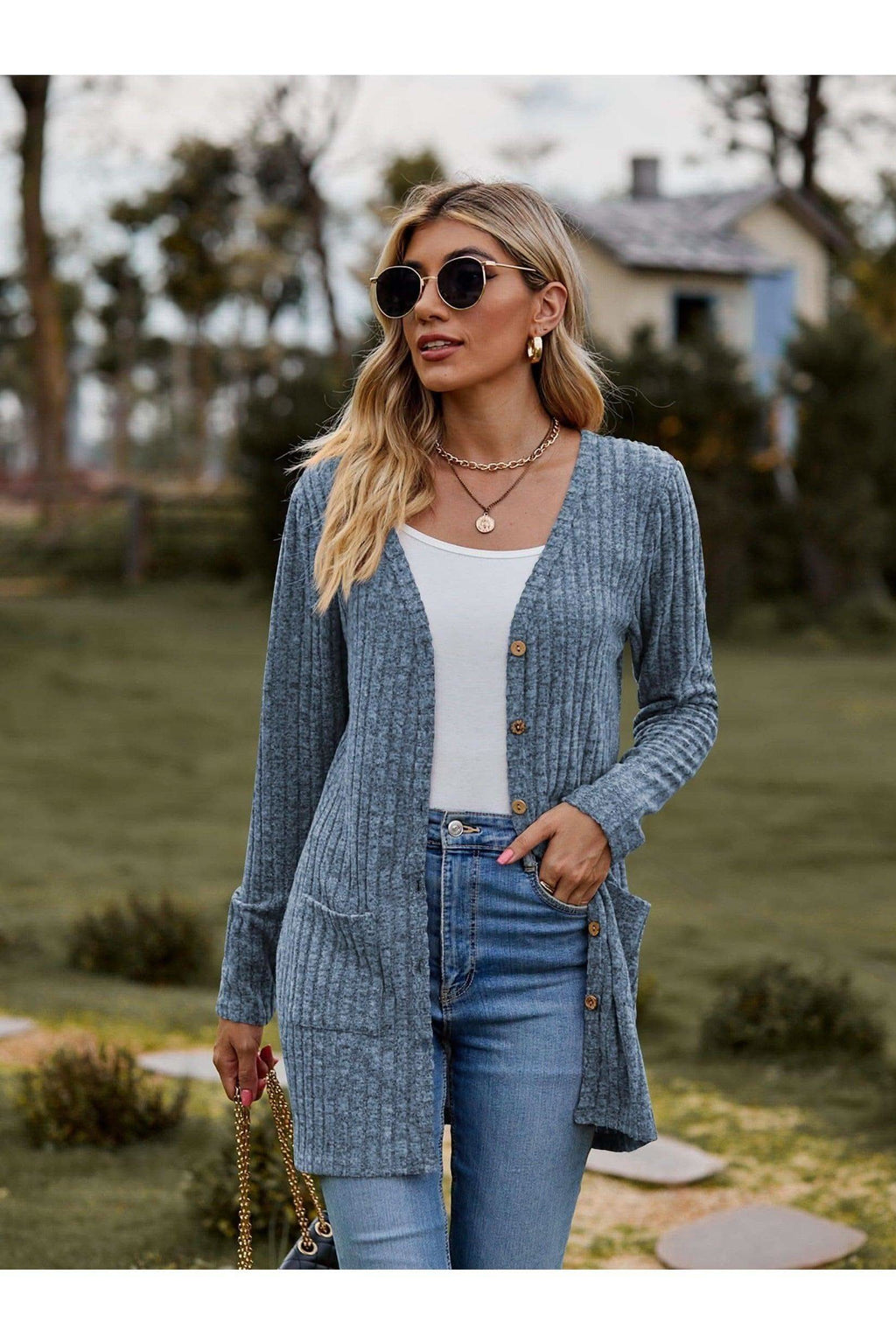Dana Ribbed Button-UP Cardigan with Pockets - SwagglyLife Home & Fashion
