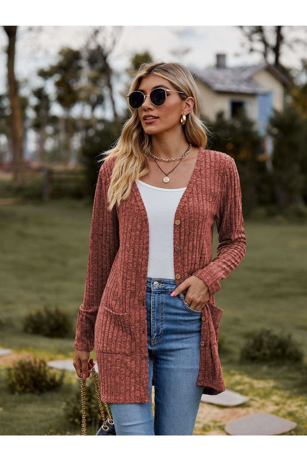 Dana Ribbed Button-UP Cardigan with Pockets - SwagglyLife Home & Fashion