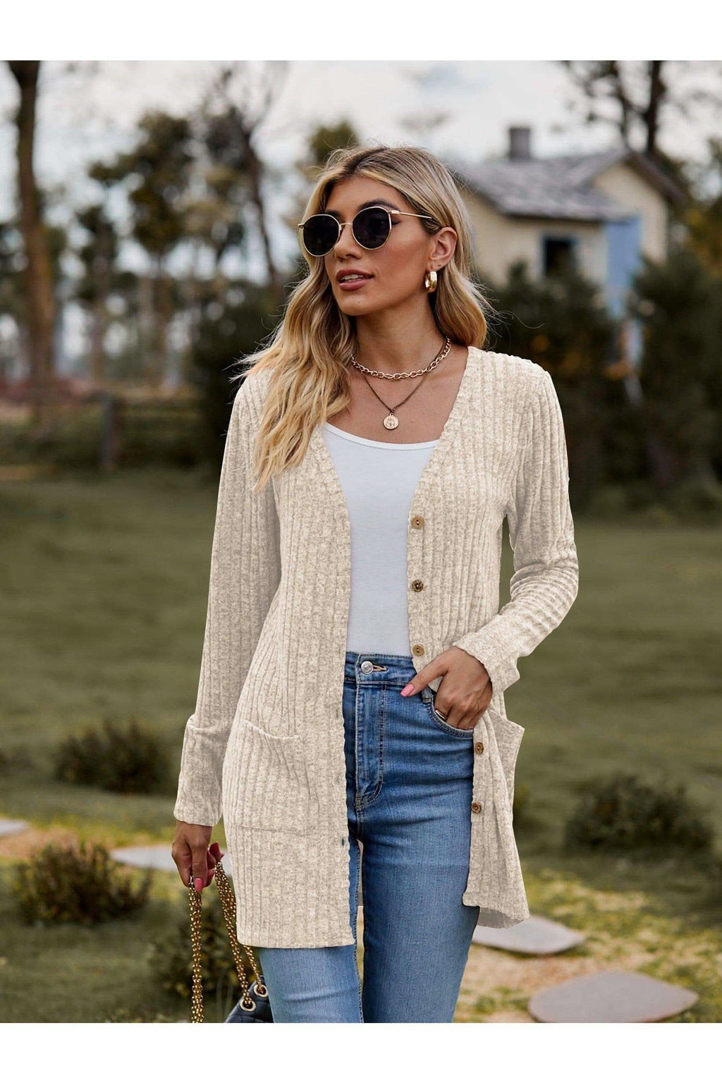 Dana Ribbed Button-UP Cardigan with Pockets - SwagglyLife Home & Fashion