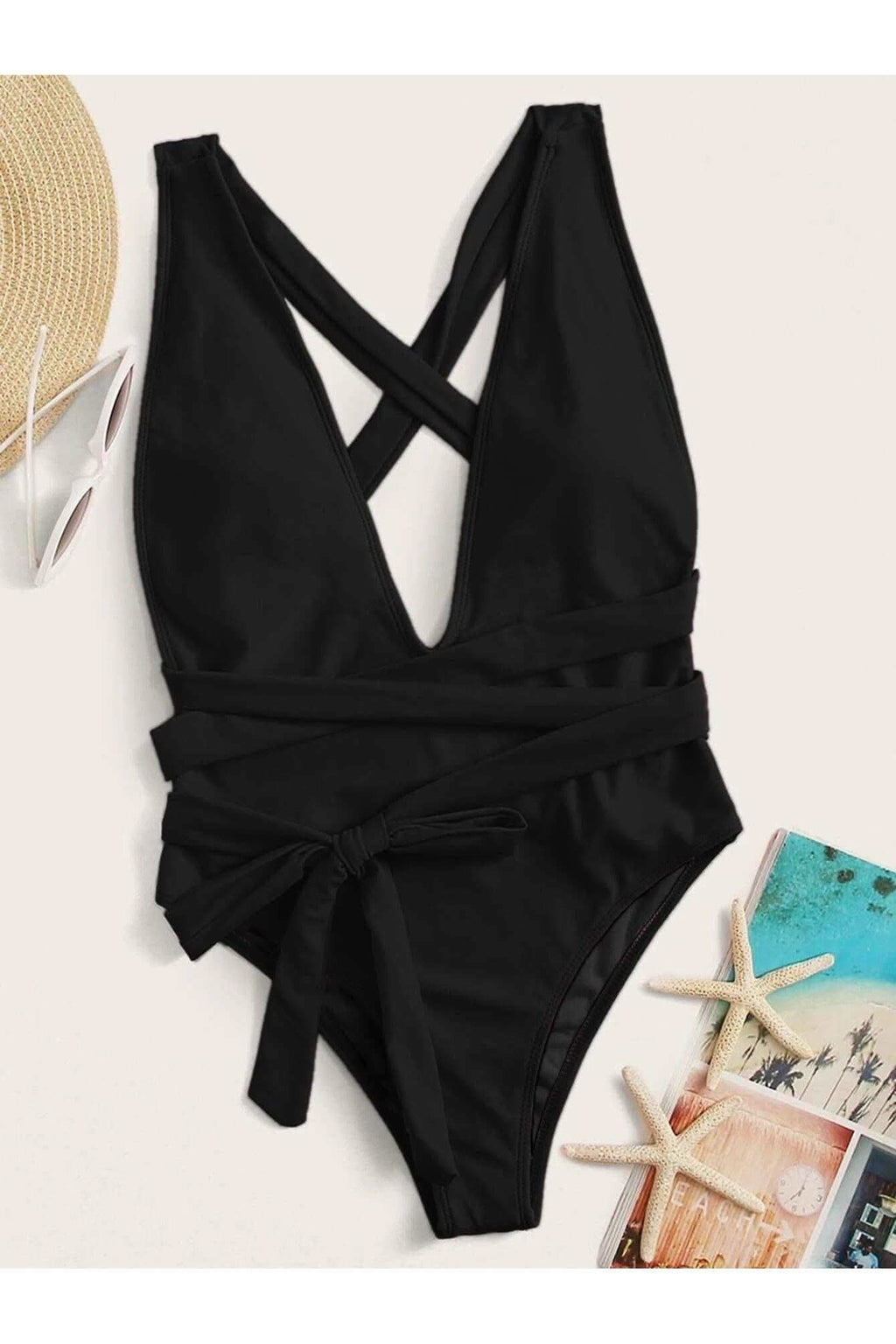 Danielle Halter Neck Deep V Tied One-Piece Swimsuit, Multiple Colors in - Swimwear photo